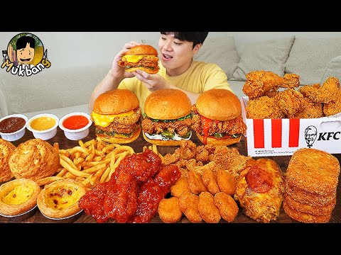 ASMR Mukbang دجاج كنتاكي المقرمش برجر بالجبنة اصبع جبنة وصفة يتناول الطعام