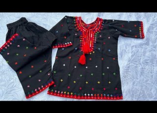  Sindhi Hurmich Hand Embroided 2 Year Baby Girl Dress Multicolored Black Hand Embroided 2pc Dress