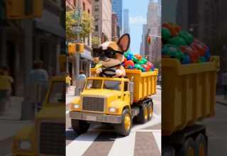 كلب لطيف يشتري شاحنة قلابة مليئة بالألعاب لسيده الصغير مضحك حيوانات لطيفة شورت مضحك