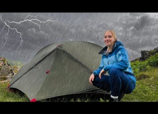 Solo Girl Camping In A Storm Tent Shelter Heavy Rain