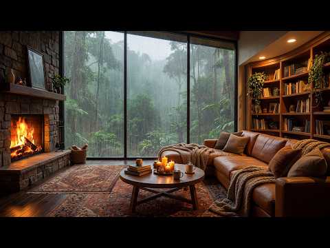 Jazz Relaxing Music On A Rainy Day Cozy Cabin Ambience With Fireplace Glow For Study Work