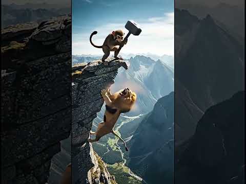 أسد يهاجم قرد والقرد يرد ضربة قوية بالمرزبة على رأس الأسد أسد يهاجم قرد والقرد يرد ضربة قوية بالمرزبة على رأس الأسد