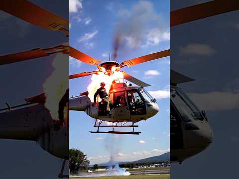 HELICOPTER GOT FIRE AND PILOT IS JUMPING