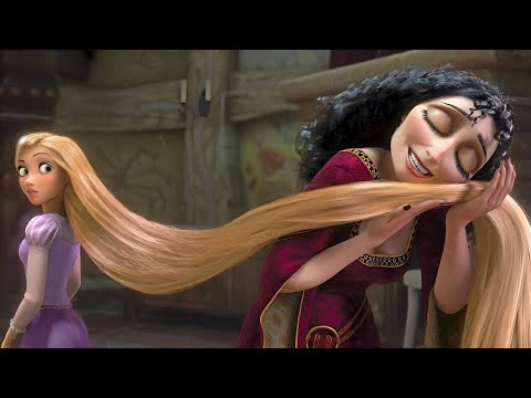 ساحرة شريرة تحبس اميرة جميلة وشعرها طويل وبيوم من الايام يأتي شاب ويحاول انقاذها من الساحرة Tangld