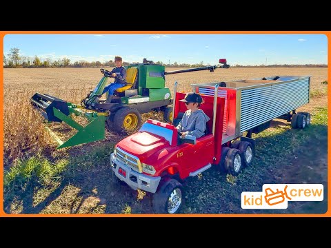 Miniature Kids Combine Harvesting Soybeans On Farm With Semi Truck Educational Kid Crew