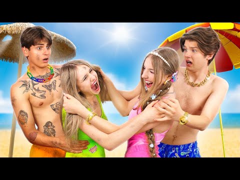 حفلة الشاطئ الغنية مقابل الفقيرة عطلة صيفية للزوجان الغنيان مقابل الزوجان الفقيران