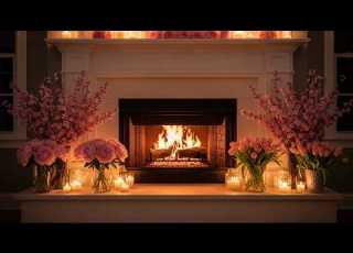 4K Cozy Spring Fireplace ASMR Cherry Blossom Candlelight Ambience For Sleep Warm Ambience