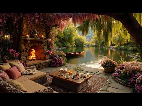 4K Warm Spring Porch By The Lake Smooth Jazz Crackling Fireplace For Relax Study Work