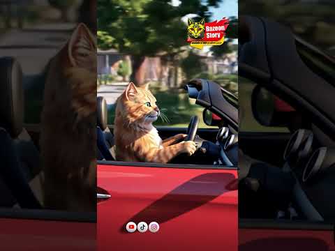 قطة تقود السيارة بجدية تامة مشهد سينمائي مذهل من الجانب مشهد لا ي صدق بجودة سينمائية عالية