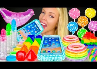  ASMR RAINBOW DESSERT EDIBLE IPHONE COOKIE GEMS LAYERED JELLO EDIBLE STRAWS CANDY MUKBANG 먹방