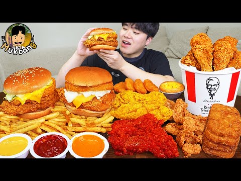 ASMR Mukbang دجاج كنتاكي المقرمش برجر بالجبنة اصبع جبنة وصفة يتناول الطعام