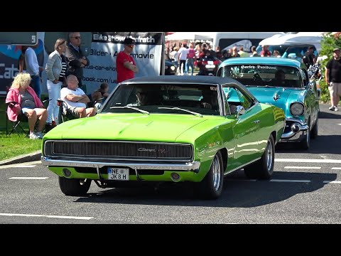 Classic US Muscle Cars Leaving A Car Show In Grefrath Impala Nova Coronet Mach 1 El Camino
