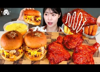 ASMR MUKBANG بيج تشيز برجر دجاج مشوي جبن ستيك بطاطا مقلية