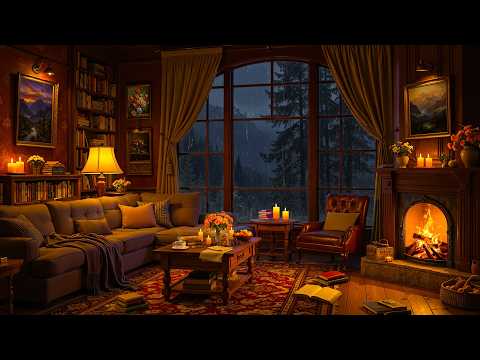 Cozy Cabin Ambience Warm Jazz Music Gentle Night Rain Fireplace Sounds For Sleeping Relaxing