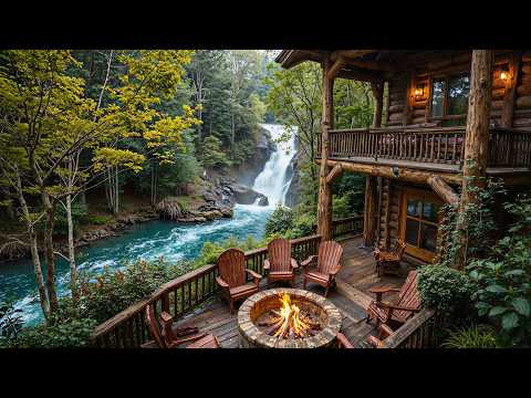 Cozy Piano Music Riverside Porch With Waterfall Crackling Campfire Nature Sounds Ambience
