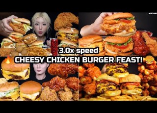  Cheesy Chicken Burger Feast Mukbang Cheese Burger Fries Cheese Balls Cheese Sticks Fried Chicken