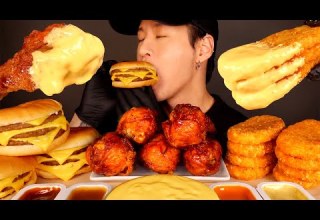 ASMR CHEESY BBQ CHICKEN TRIPLE CHEESEBURGERS HASH BROWNS No Talking EATING SOUNDS
