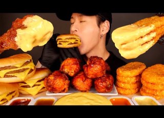 ASMR CHEESY BBQ CHICKEN TRIPLE CHEESEBURGERS HASH BROWNS No Talking EATING SOUNDS