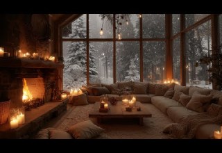 Warm Winter Night In A Forest Cabin Soft Piano Falling Snow Cozy Fireplace Ambience For Sleep