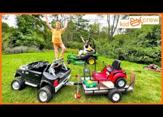 Mowing Lawn With Kids And Real Zero Turn Mower Push Lawnmower Weed Whacker Educational Kid Crew