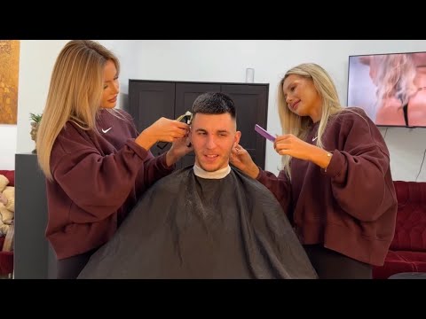 Two Sisters Cut His Hair At The Same Time Twin Barber Experience