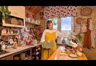 روزهای بارانی بی پایان در روستا زندگی آهسته در آشپزخانه کاتیجکور دوخت دستمال کدو