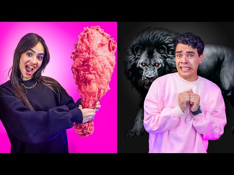 تحدي اكل يوم كامل بنفس لون ملابسنا الوردي ضد الاسود