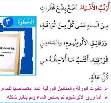 أضع المنشفة الورقية على طبق ثم أسقط بضع قطرات من الماء على النقطة السوداء، أشاهد ما يحدث، أتوقع ما سيحدث وأشرح.