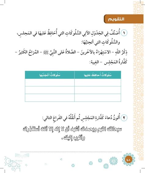 أقوم بتصنيف السلوكيات التي أحتفظ بها في المجلس والسلوكيات التي أتجنبها، ذكر الله، السخرية من الآخرين، الدعاء للنبي، المزاح كثيرًا، التوبة إلى المجلس، الافتراء.