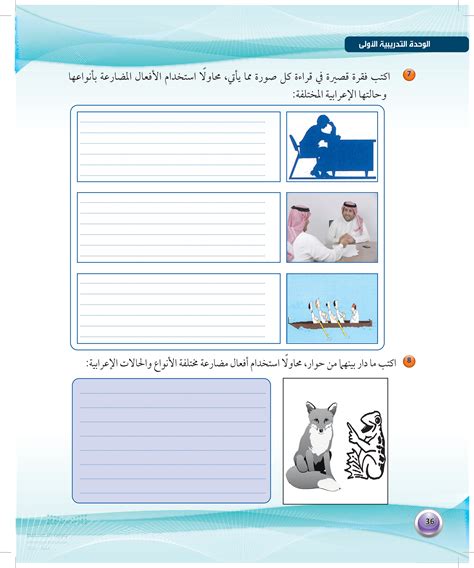 اكتب فقرة قصيرة لقراءة كل صورة من الصور أدناه وحاول استخدام جميع أنواع أفعال المضارع وحالاتها المختلفة.