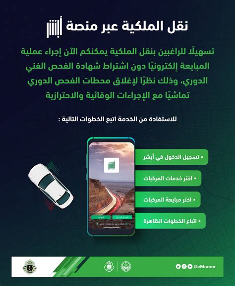 المرور السعودي Twitterren تسهيلًا للراغبين بنقل الملكية يمكنكم الآن إجراء عملية المبايعة إلكترونيًا دون اشتراط شهادة الفحص الفني الدوري، وذلك نظرًا لإغلاق محطات الفحص الدوري تماشيًا مع ...
