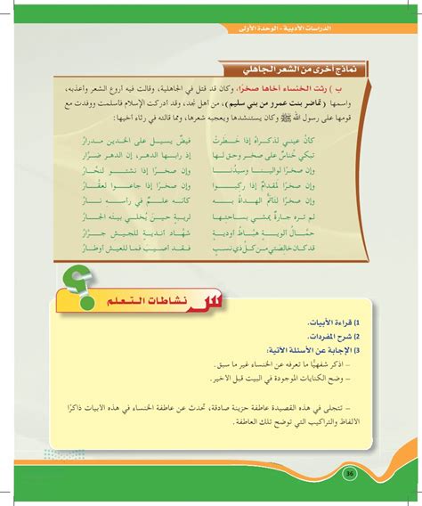 في هذه الآيات، ناقش عاطفة الخنساء واذكر الهياكل التي توضح تلك المشاعر