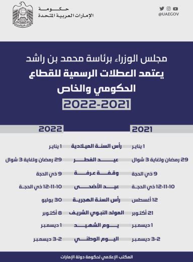 قائمة بالعطلات العامة - البوابة الرسمية لحكومة الإمارات العربية المتحدة