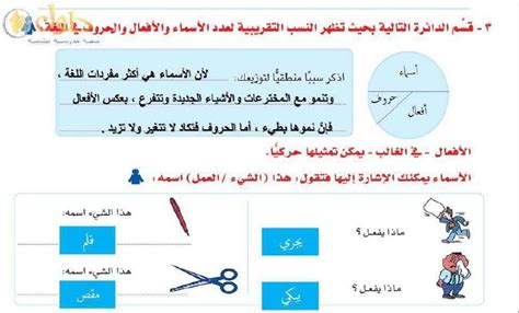 قسّم الدائرة التالية بحيث تظهر النسب التقريبية لعدد الأسماء والأفعال والحروف في اللغة