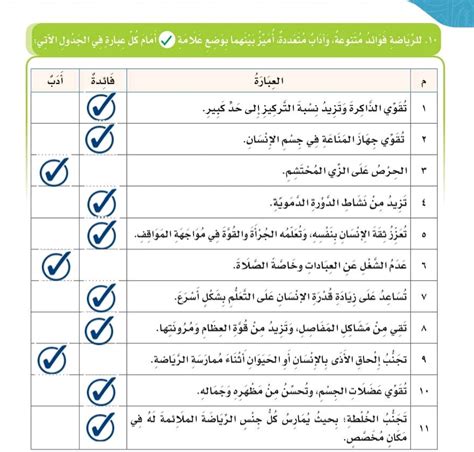 للتمرين مزايا عديدة وآداب عديدة.  أميزهم بوضع علامة على كل جملة في الجدول