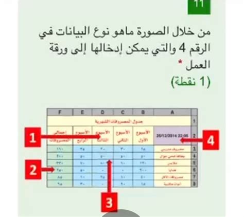 ما نوع البيانات الموجودة في الرقم 2 التي يمكن إدخالها في ورقة العمل من خلال الصورة؟