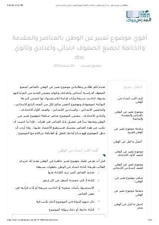 مقدمة لموضوع التعبير عن حب الوطن بعناصر للصف الأول من المرحلة الإعدادية