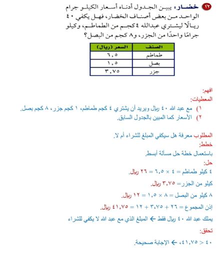 والجدول التالي يوضح أسعار الكيلوجرام الواحد من بعض الخضار هل يكفي 40 ريالاً لعبد الله لشراء 4 كيلو طماطم وكيلوجرام واحد جزر و 8 كيلو بصل؟ والجدول التالي يوضح أسعار الكيلوجرام الواحد من بعض الخضار هل يكفي 40 ريالاً لعبد الله لشراء 4 كيلو طماطم وكيلوجرام واحد جزر و 8 كيلو بصل؟