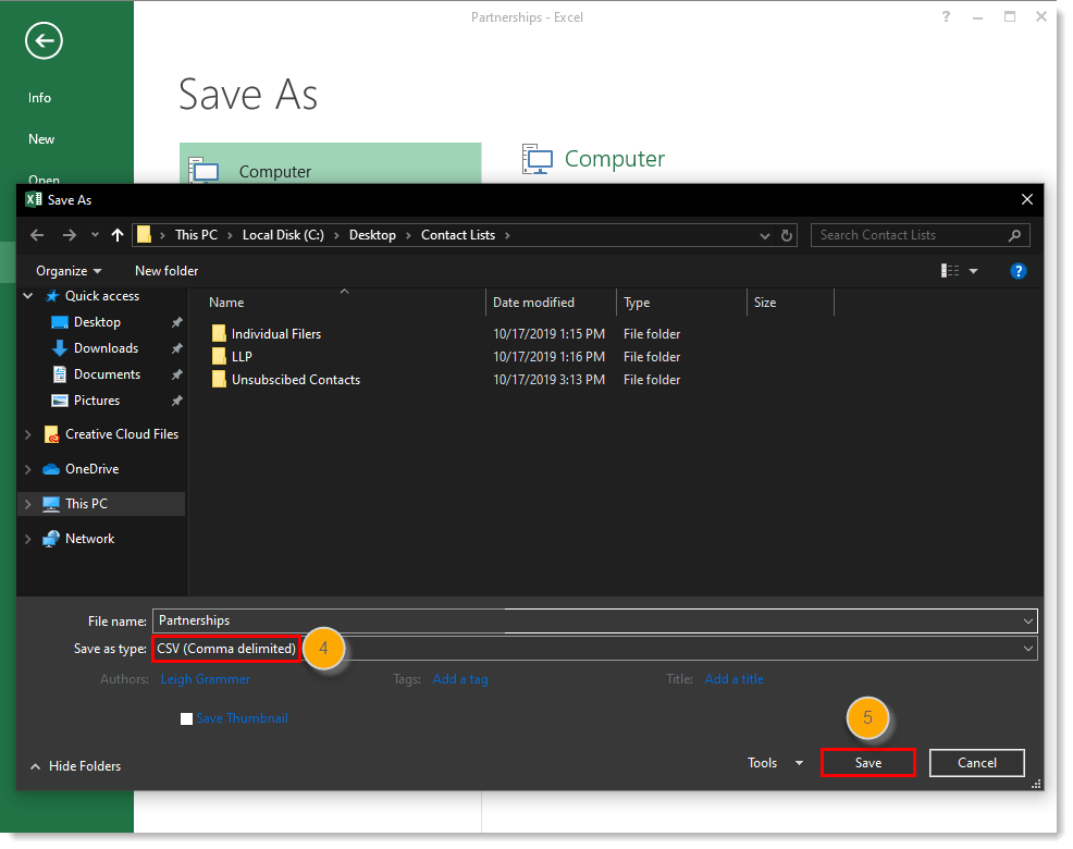 Save an Excel spreadsheet as a CSV file