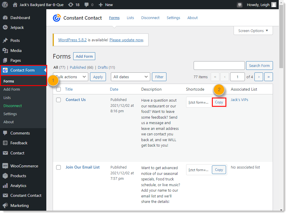 Add a form created with the Constant Contact Plugin to a WordPress page