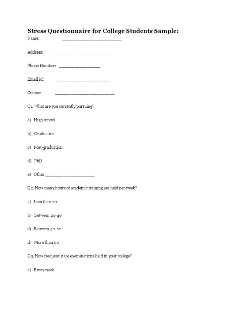 Stress Questionnaire for College Students Sample