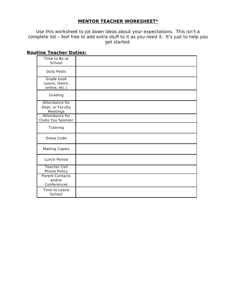 Mentor Teacher Worksheet