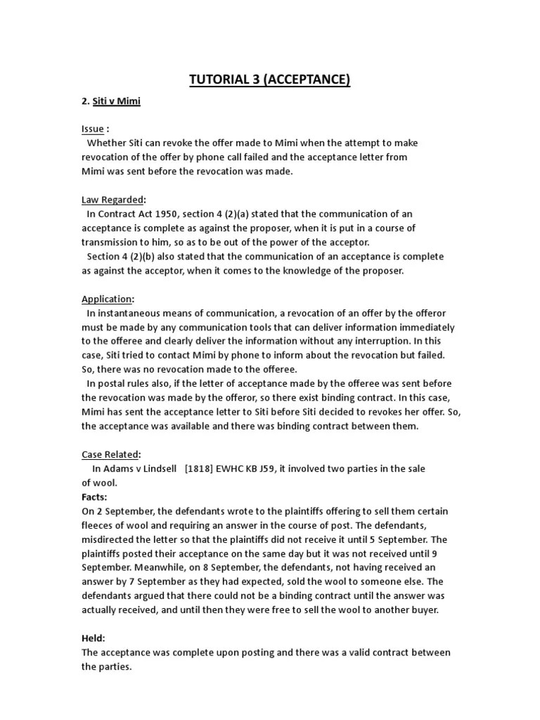 Law Of Contract Sample Question (Acceptance)(Postal Rule/Instantaneous
