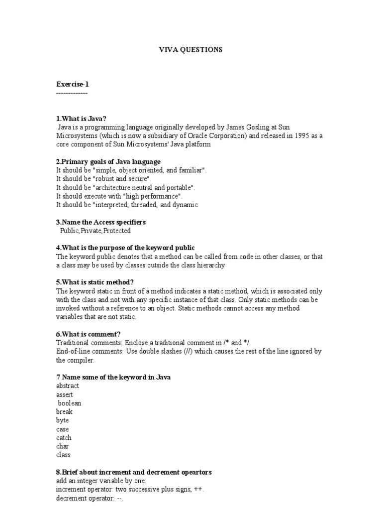 Viva Questions for java Java (Programming Language) Class