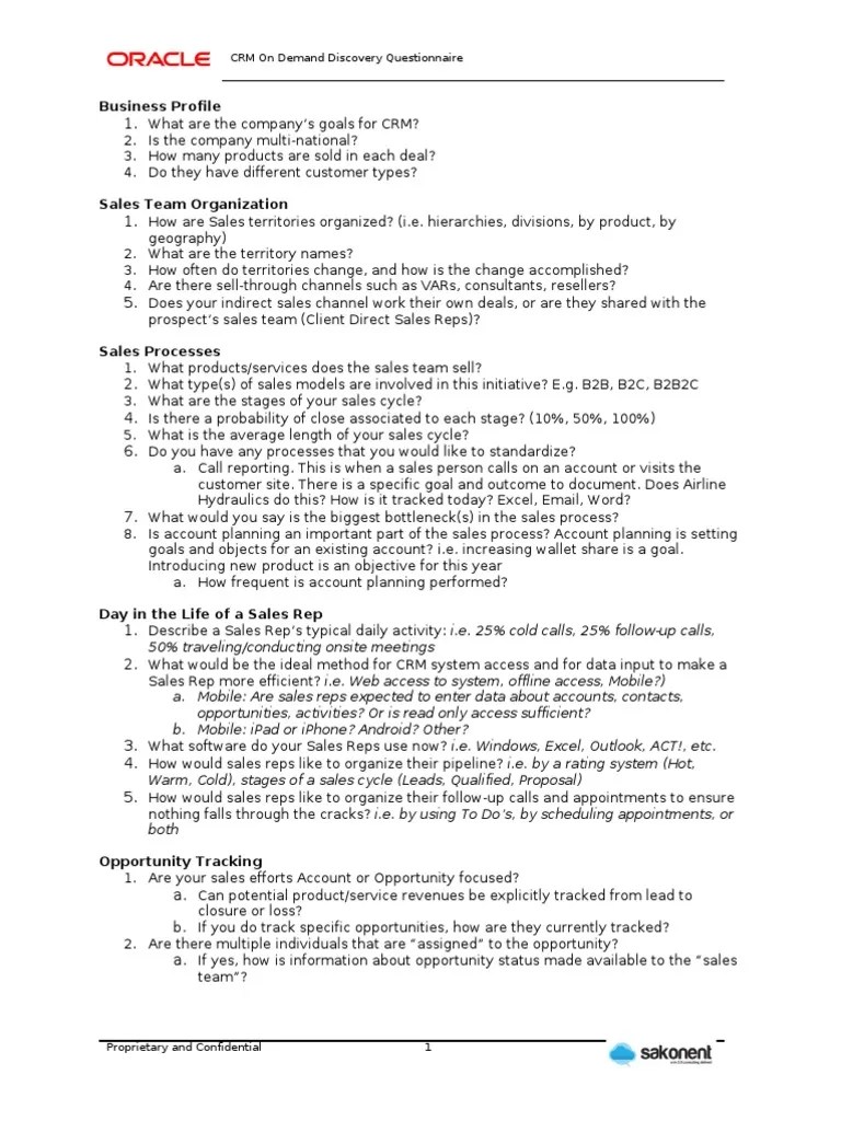 CRM Sales Discovery Questionnaire Call Centre Sales Free 30day