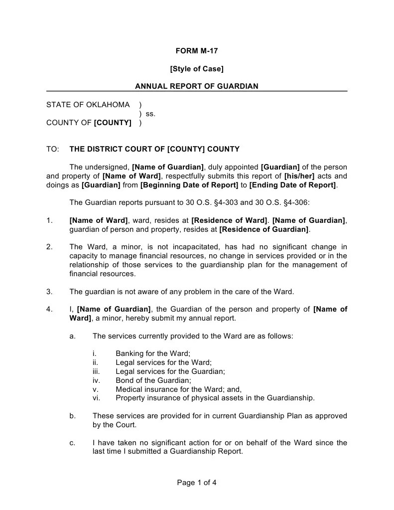 Oklahoma Standard Annual Report of Guardian Legal Guardian Fee