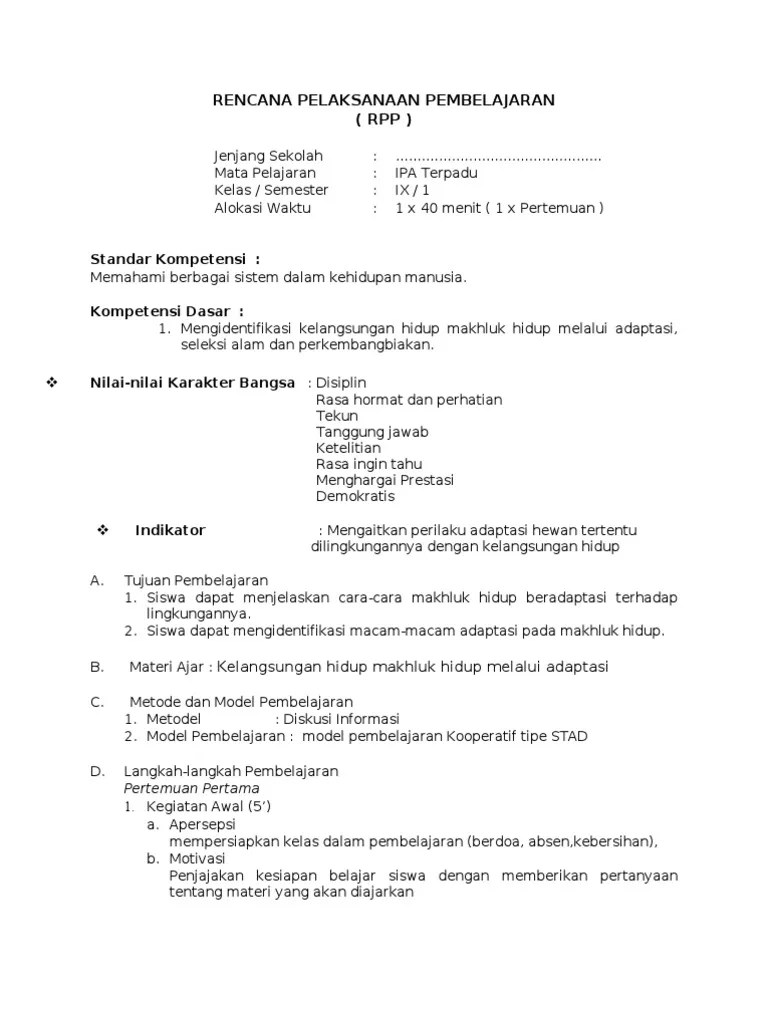RPP IPABiologi Materi Adaptasi (Model STAD)