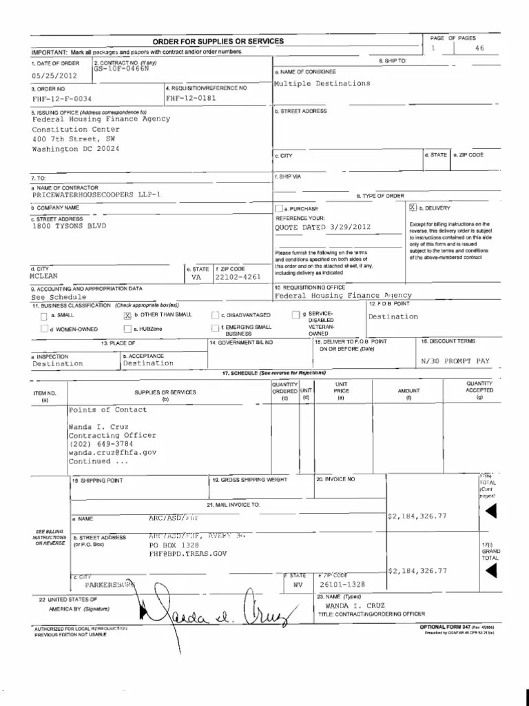 Fannie Mae and Freddie Mac Receivership Contingency Contract by FHFA