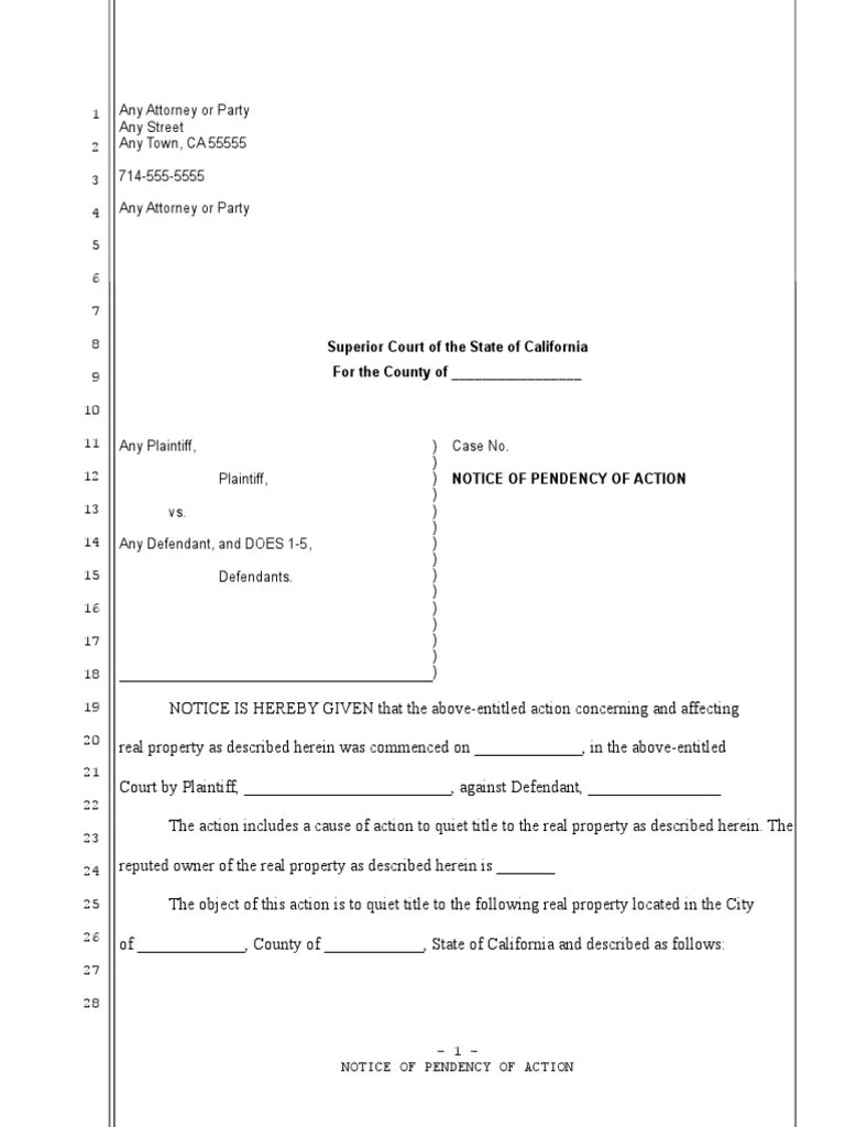 Sample Lis Pendens for California Pro Se Legal Representation In The