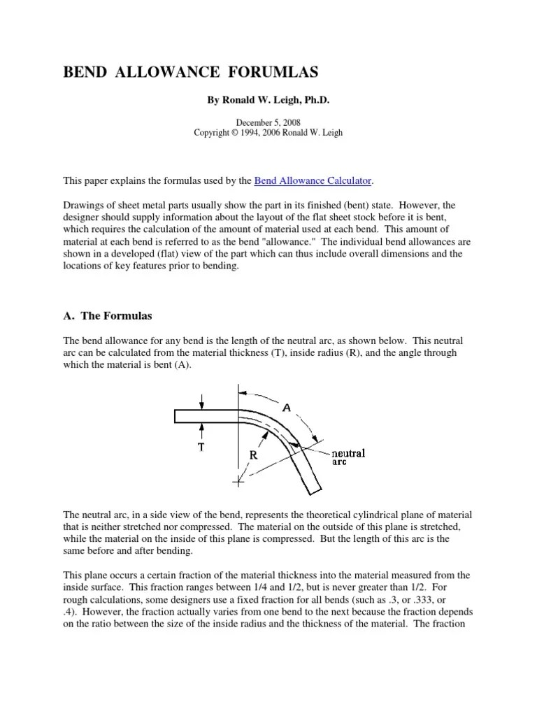 Bend Allowance Formulas PDF